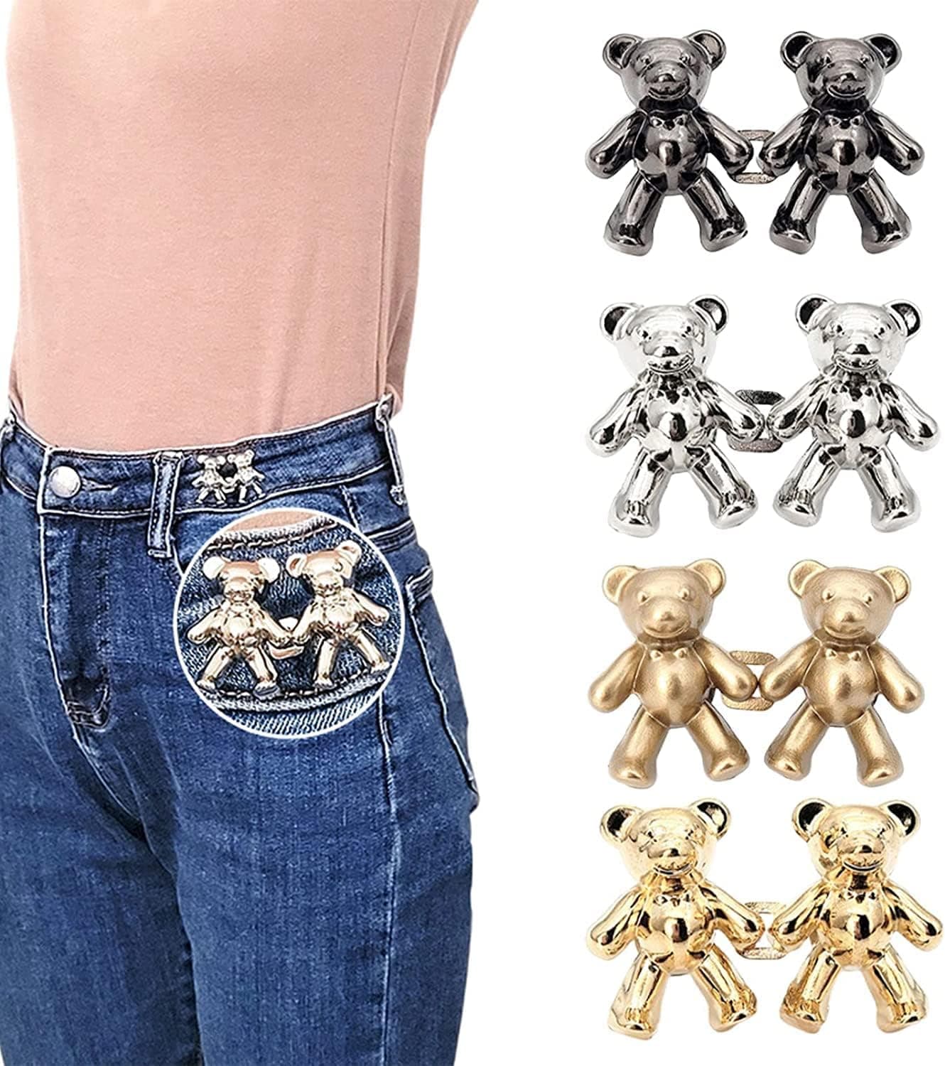 Cute Bear No-Sew Waist Button, Set of 4 Button Replacement Pant Clips for Loose Jeans, Bear Jean Button Pins