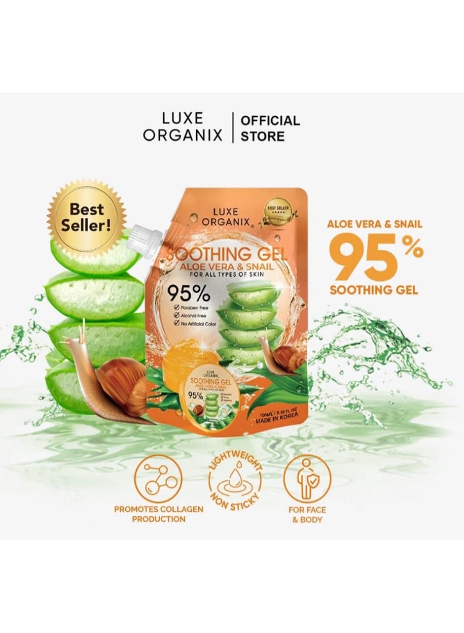 Luxe Organix Soothing Gel with Aloe Vera and Snail Extract 95% Natural Hydration Booster, Lightweight Daily Moisturizer for All Skin Types, Enhances Skin Elasticity, Reduces Dryness and Leaves Skin Smooth and Refreshed