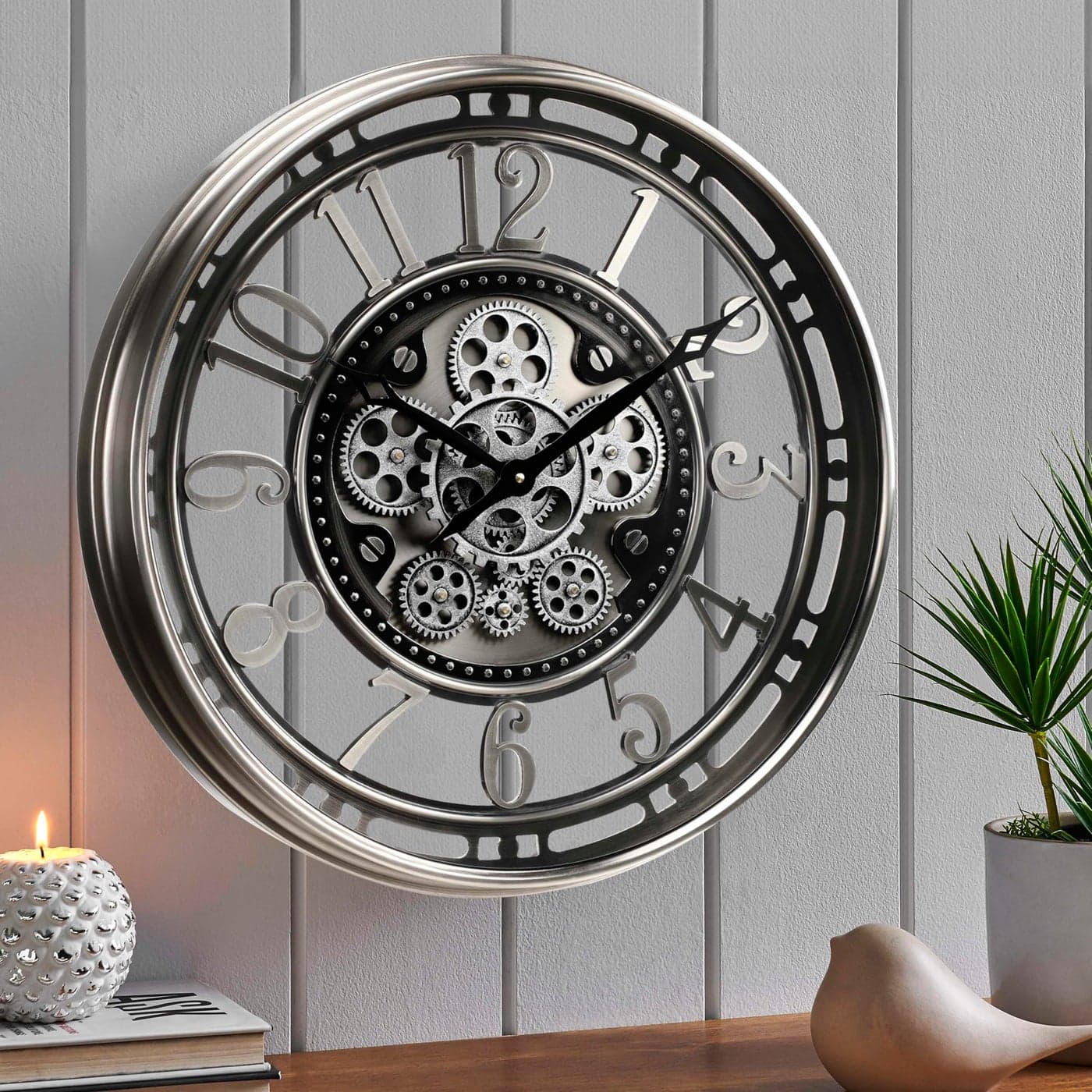 CLXEAST Large Moving Gear Wall ClockIndustrial Steampunk DecorDecorative Wall Clock for Modern Farmhouse Living Room DecorGunmetal Silver Chrome Finish 21 Inch