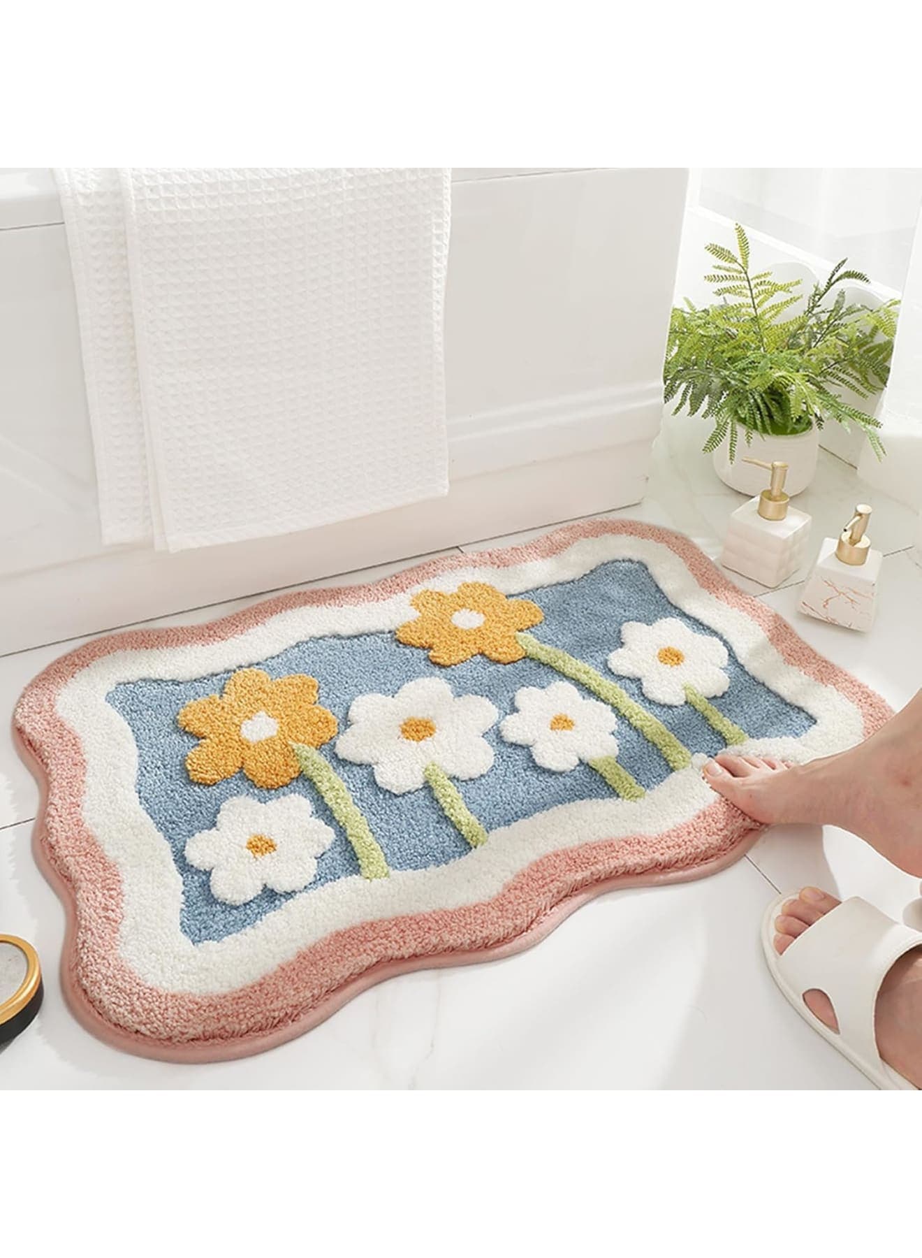 Non-Slip Bath Mat, Absorbent Machine Washable Durable Rug, Soft Microfiber Shower Carpet for Bathroom, Kitchen, Bedroom Indoor Use, Flower, 50x80cm