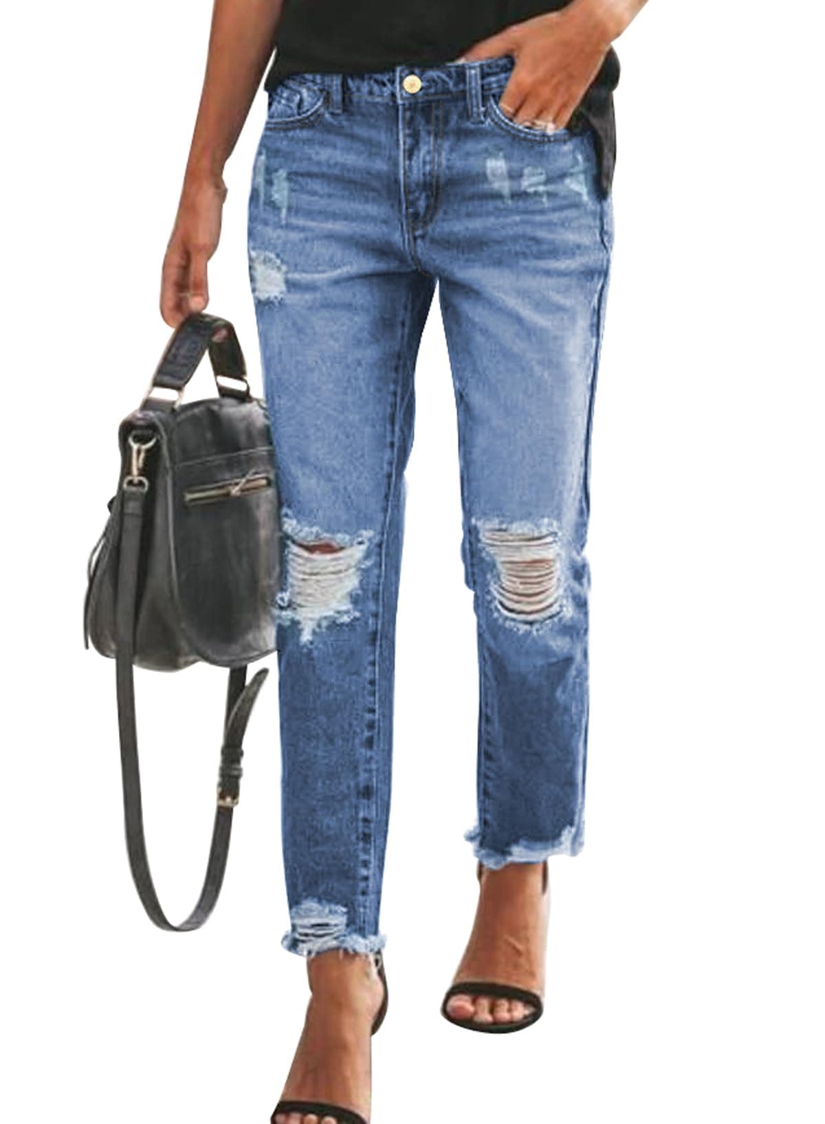 Sidefeel Womens Jeans Zimbaplatinum High Waisted Jeans Distressed Boyfriend Ripped Straight Leg Jeans Fall Fashion Outfits Size 12 Dark Blue