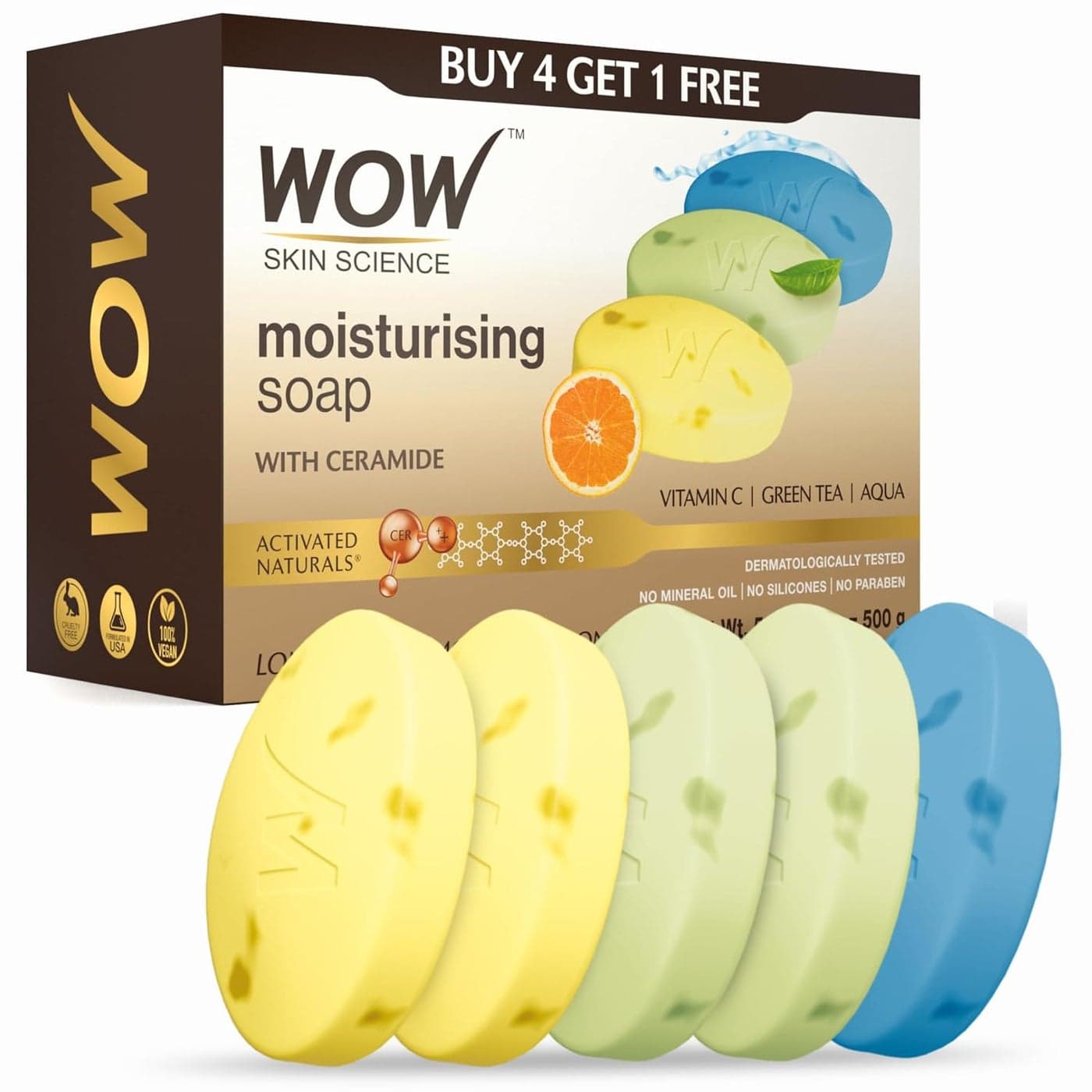 WOW Skin Science Moisturising Soaps with Ceramide Vitamin C Green Tea Aqua LongLasting Moisturisation No Paraben Soaps Pack of 5 500g