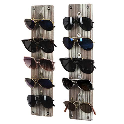 J JACKCUBE DESIGN Rustic Wood Wall Mounted Sunglasses Storage Organizer 10 Eyeglasses Holder Display Rack Set of 2 with 5 Metal Hooks on Each Holder MK691A