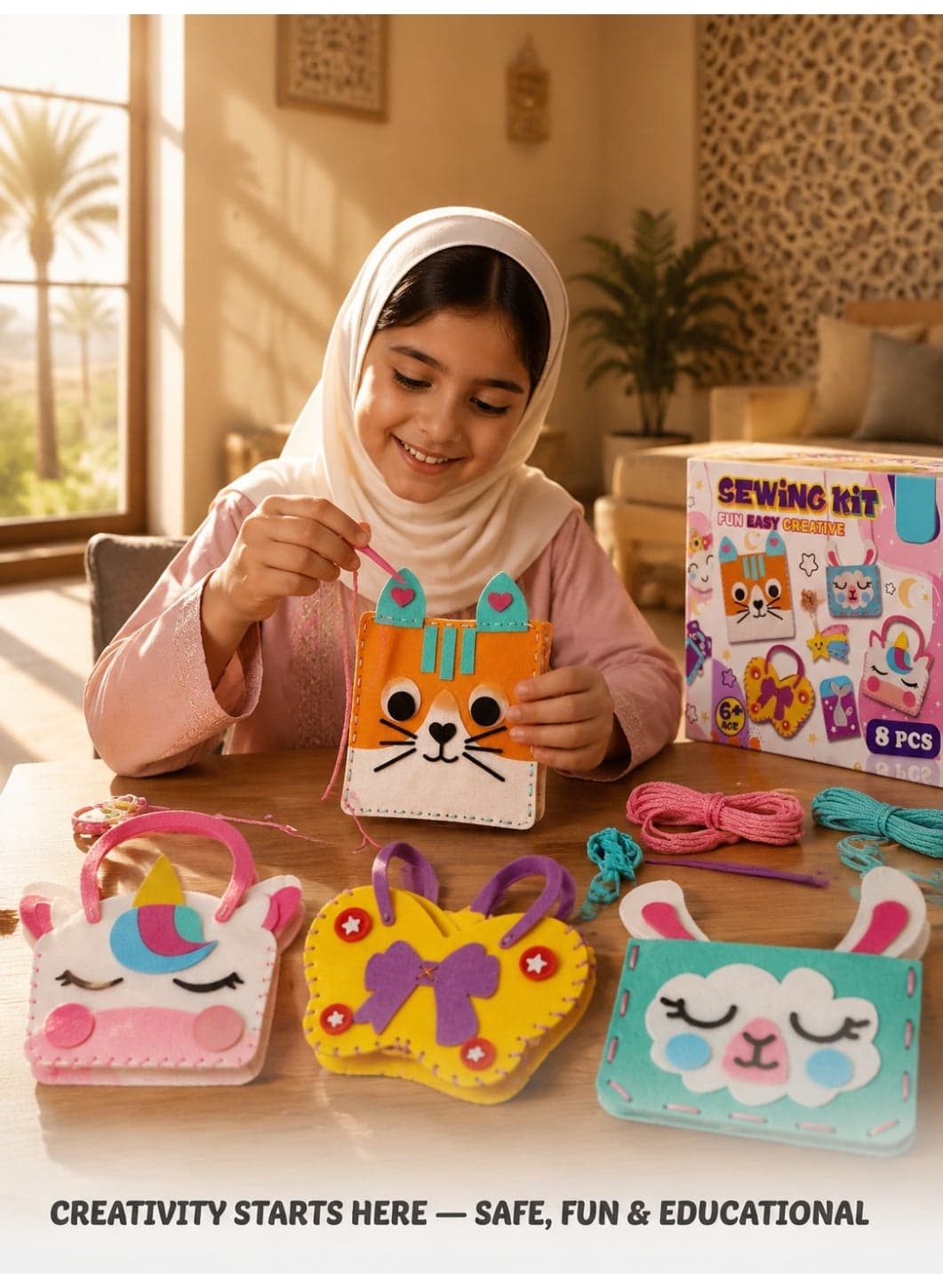 joudiplay Children DIY Felt Purse Sewing Kit – Pre-Cut Felt Handbag Craft Set with Safe Plastic Needles, No Sewing Machine Needed, Creative Travel & Home Activity Gift for Girls Ages 5-12, Multicolor