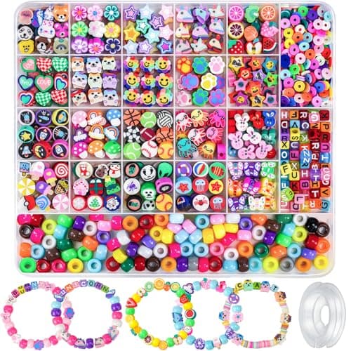 Gionlion 1200 Pcs Polymer Clay Beads Bracelet Making Kit, 25 Style Animal Fruit Flower Butterfly Bunny Pony Letter Beads Charms for Jewelry Making, DIY Art and Crafts Toys Gifts for 4+ Year Old Kids