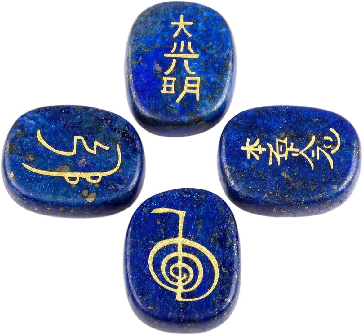 Rockcloud Healing Crystal Lapis Lazuli 4pcs Engraved Chakra Stones Palm Stone Reiki Balancing
