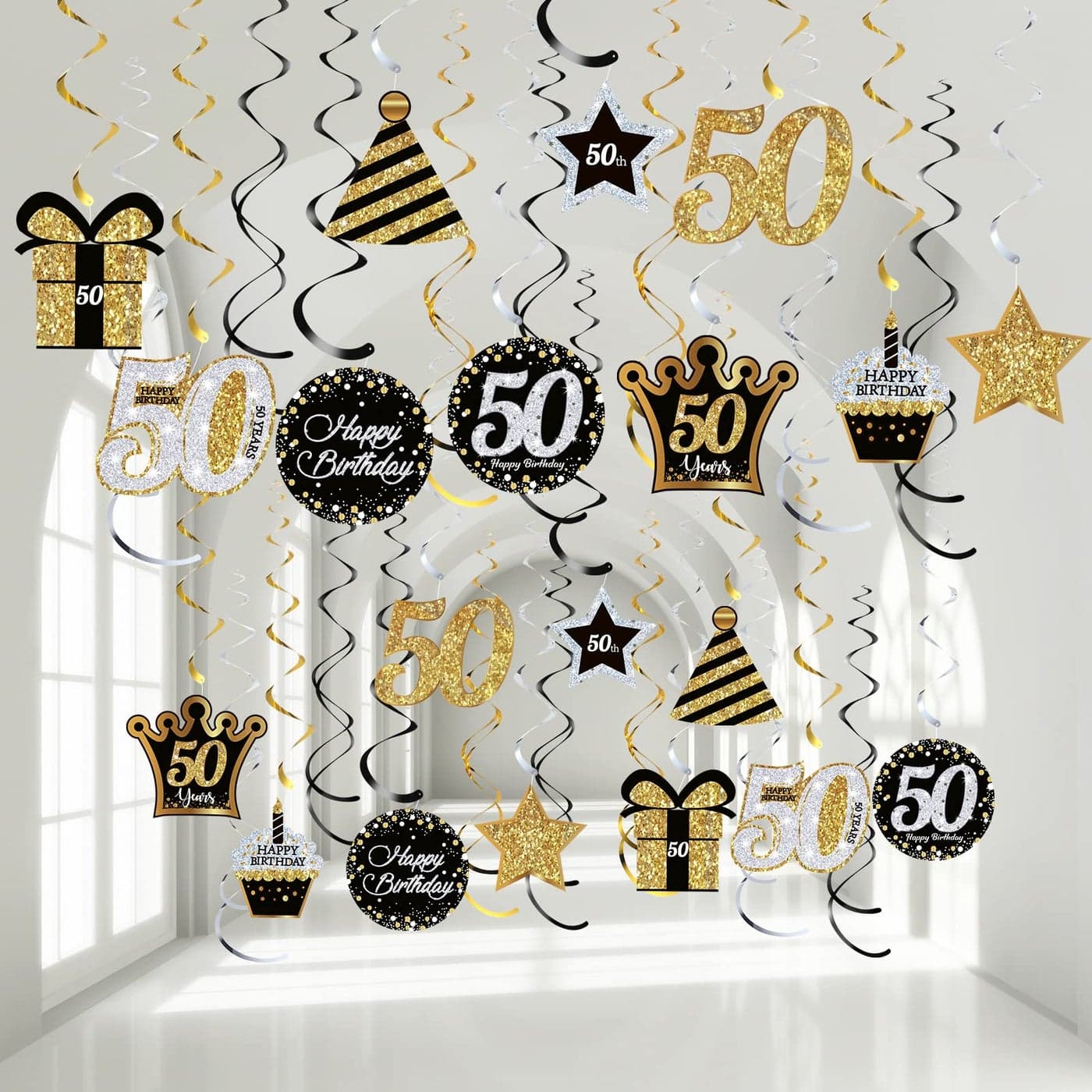 Blulu 50th Birthday Party Foil Hanging Swirls Decorations Ceiling Glitter Celebration 50th Hanging Swirls Cutouts Ornaments for Men Women 50 Years Old Party Supplies 30 Pcs