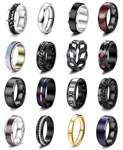 Besteel 16Pcs Stainless Steel Fidget Rings for Men Women Stress Anxiety Relief Rings Black Cool Chain Band Spinner Ring Set for Wedding Promise Mens Rings Pack