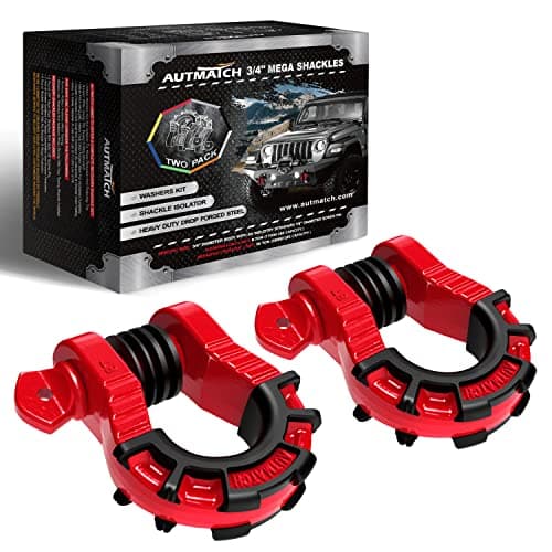 AUTMATCH D Ring Shackles 34 Mega Shackle 2 Pack 68000Ibs Break Strength Clevis Shackles 78 Screw Pin and D Shackle Isolator Washer Kit for Tow Strap Winch Off Road Vehicle Recovery Red