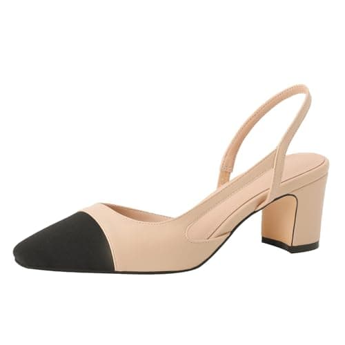 MIRAAZZURRA Women Sling Back Pumps Chunky Heels Sexy Splicing Round Toe Casual Wedding Shoes for Women Fashion Dress Shoes US Size 6.5 Nude