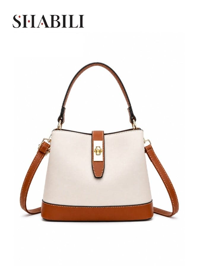 Women Two-Tone Faux-Leather Bucket Cross Bags Mini Shoulder Bag, Ladies Tote Sling Crossbody Satchel with Detachable Strap, Fashion Handbag for Youth Teenagers Daily Shopping Travel (Brown Beige)