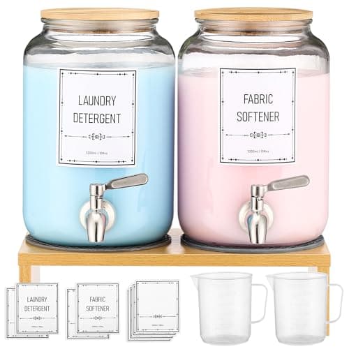 Laundry Detergent Dispenser 09 Gallon Glass Laundry Soap Liquid Laundry Detergent Dispense Fabric Softener Dispenser With Stand and Bamboo Lid Laundry Room Organization and Storage
