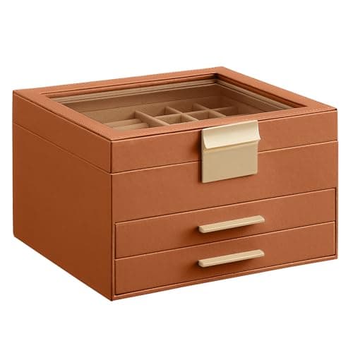 SONGMICS Jewelry Box Organizer with Glass Lid, 3-Layer Jewelry Storage, with 2 Drawers, Modern Style, 8 x 9.1 x 5.3 Inches, Caramel Brown and Gold Color UJBC239K01
