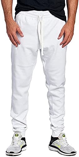 PROGO USA Men's Joggers Sweatpants Basic Fleece Marled Jogger Pant Elastic Waist (X-Large, White)