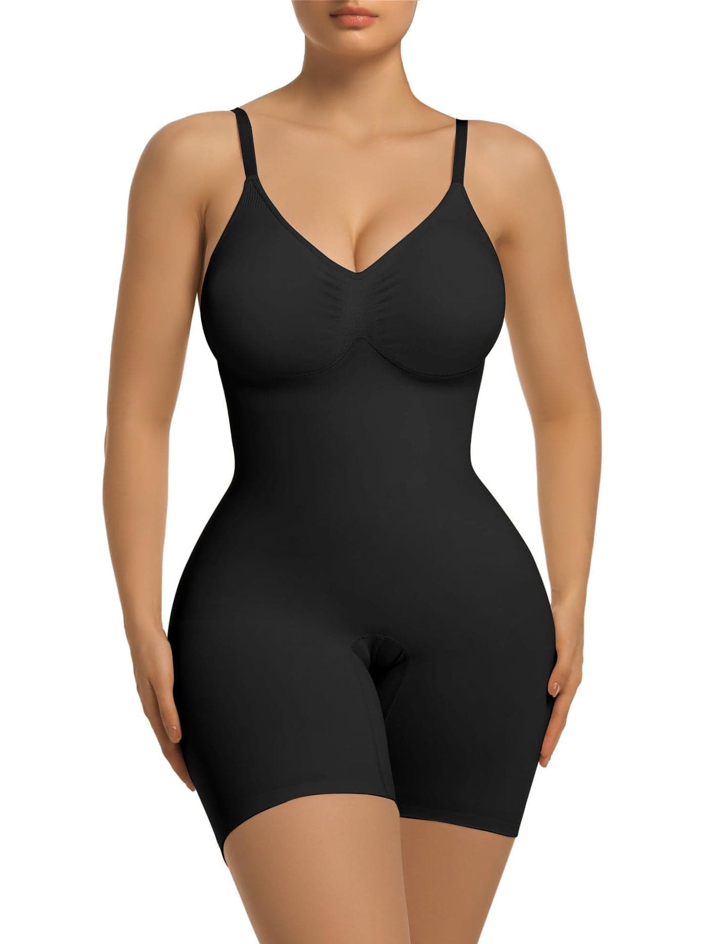 SHAPERX Women's Shapewear Tummy Control Bodysuit with Removable Pads Seamless Sculpting Mid Thigh Body Shaper,SZ5468-Black-L/XL