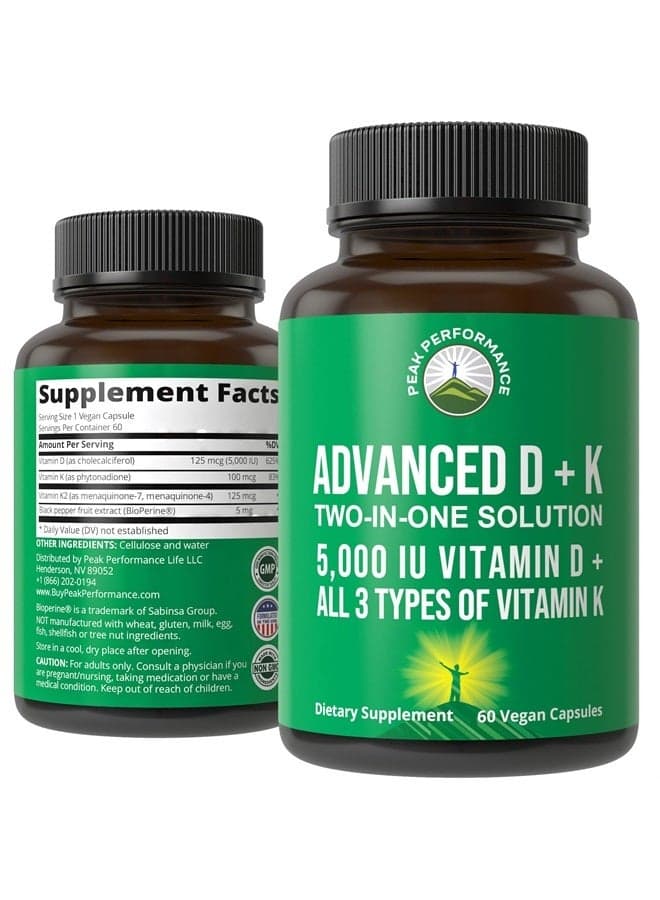 Advanced Vitamin D 5000 IU with All 3 Types of Vitamin K Vitamin D3 and Vitamin K2, K1, MK-7 (MK7), MK4 Supplement. 60 Small and Easy to Swallow Vegetable Pills (5000 IU)