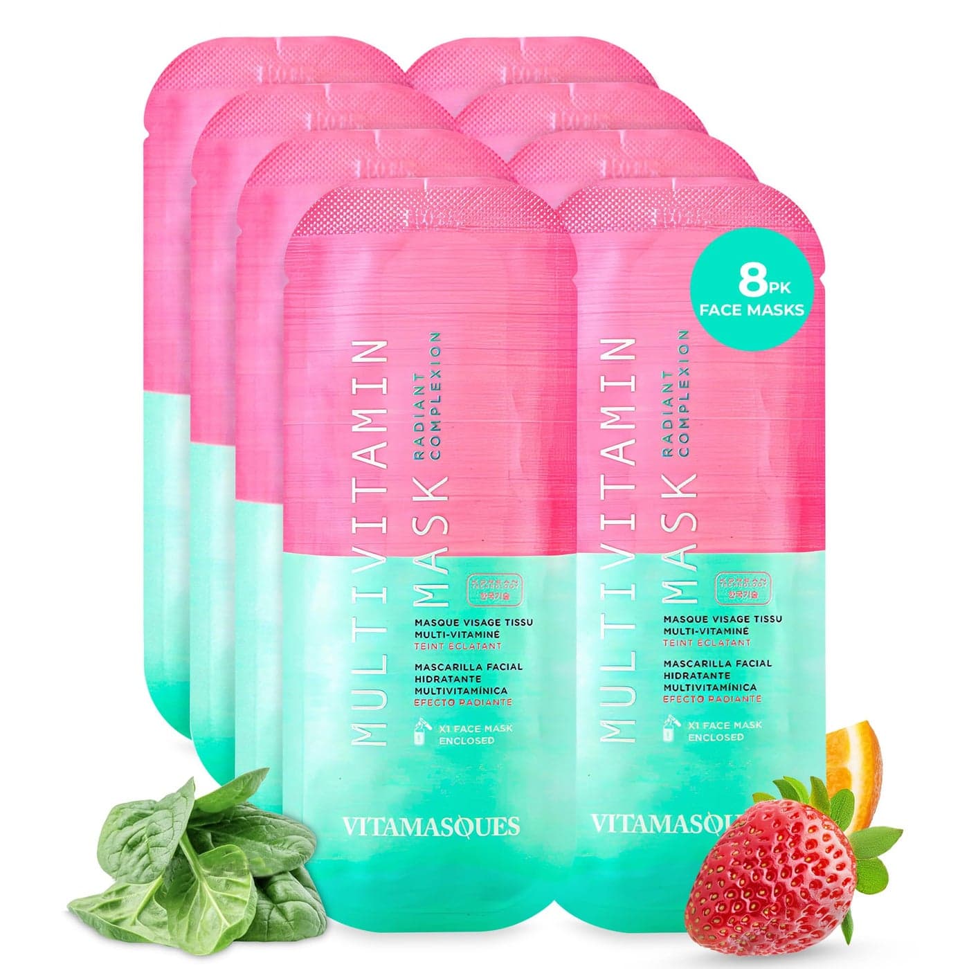 Vitamasques Multivitamin Face Mask, 8-Pack - Hydrating and Nourishing for Radiant Skin, Provides Vitamins B, C & E