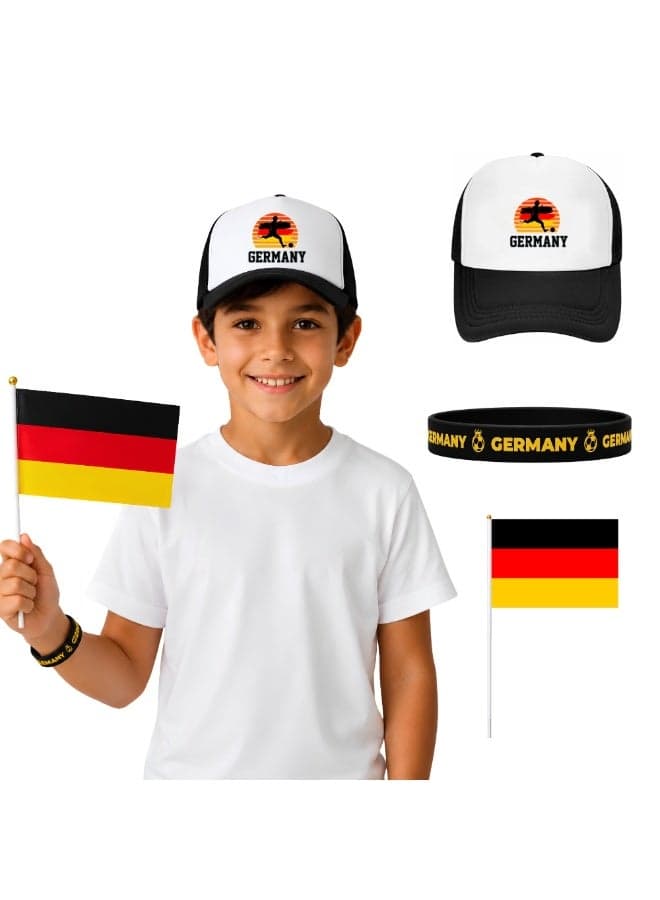 Germany Football Kids Combo Set | Pack of 3 | Cap, Hand Flag, Silicone Wristband | Sports Match Wear for Boys and Girls