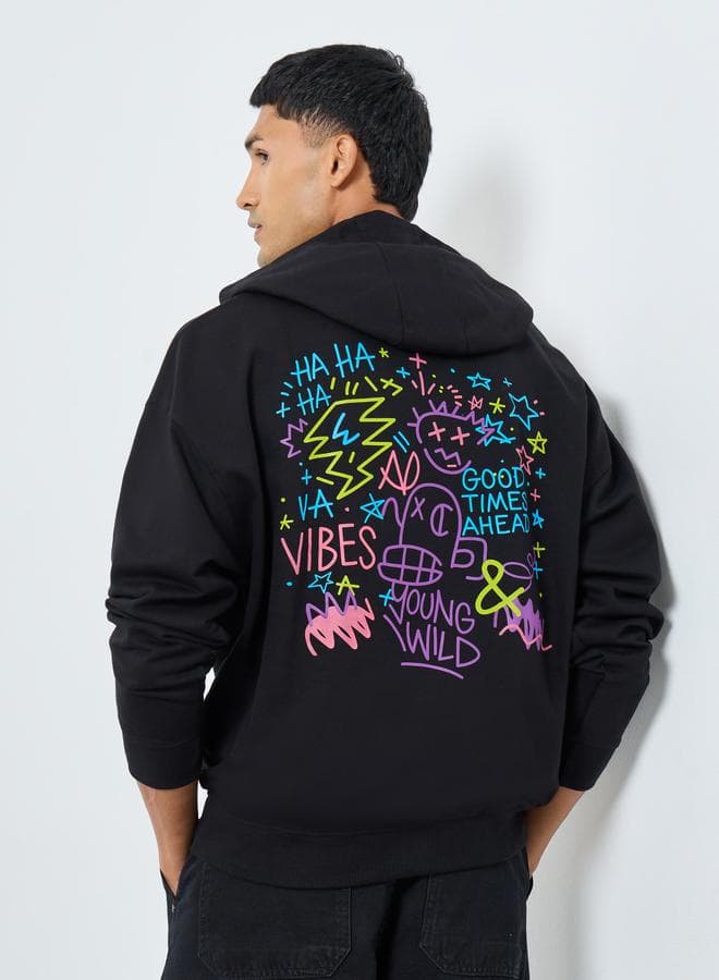 Styli Men Black Oversized Graphic Print Hoodie
