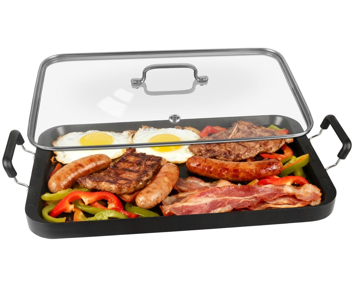 Vayepro 2-Burner Griddle Pan with Glass Lid - Nonstick Stovetop Griddle for Gas & Glass Cooktops - Aluminum Camping Grill Pan for Breakfast (Pancakes/Eggs/Bacon) (22"L x 12"W x 1.77"Th)