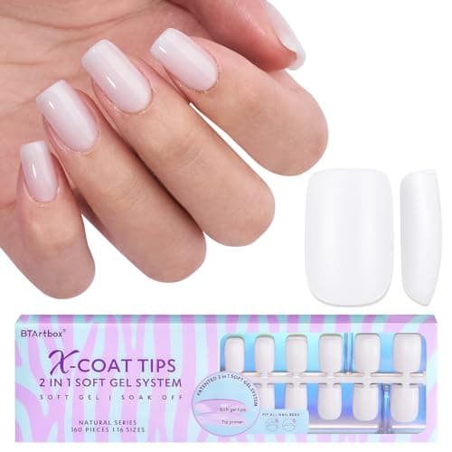 BTArtboxnails Square Gel Nail Tips Short Pre Colored Milky White Soft Gel Nail Tips Milky White Press on Nails Natural XCOATTIPS Pre Applied Tip Primer