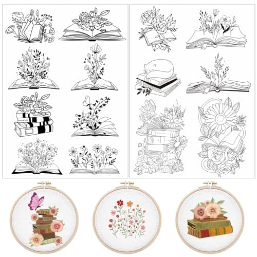 Water Soluble Embroidery Patterns Stabilizers Rngmsi 2 Sheets Book Lover Stick and Stitch Embroidery Pattern Wash Away 14 Pcs Cat Flower Transfer Papers for Hand Sewing