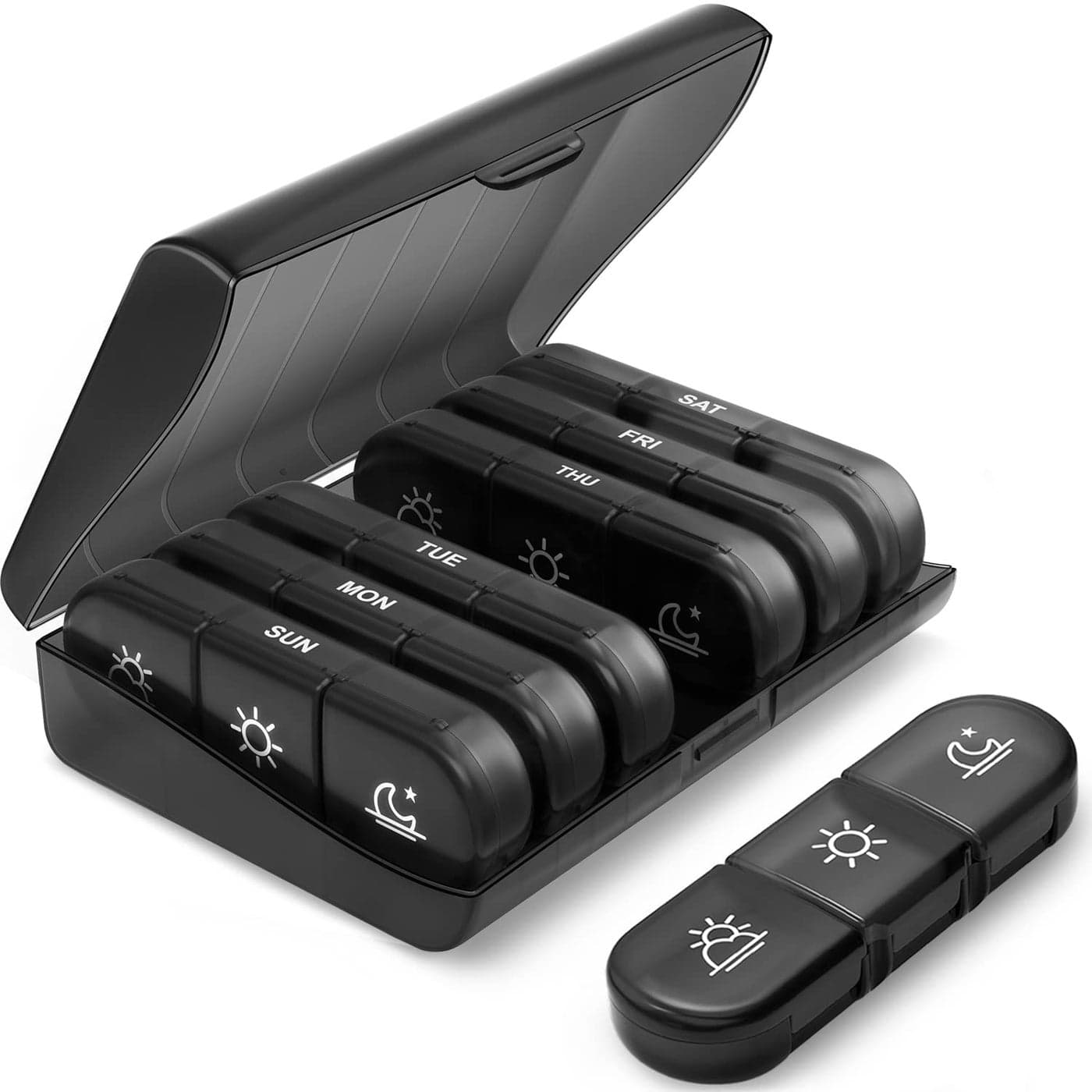 PULIV Weekly Pill Organizer 3 Times a Day Portable Travel Pill Box 7 Day with Large Pill Containers LightProof Pill Case for Vitamins Medication Supplements and Fish Oils Black