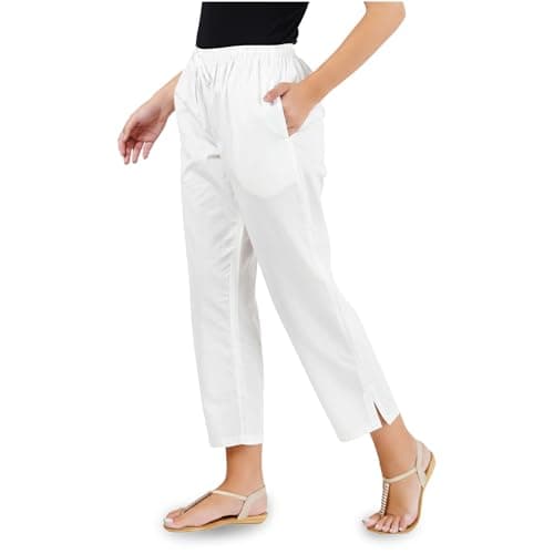Happy Bunny Parallel Pants for Women 100% Cotton Ankle Length Trousers Regular Fit with Elastic Drawstring Stylish & Pockets Casual Formal Wear for Office & Home (2XL, White)