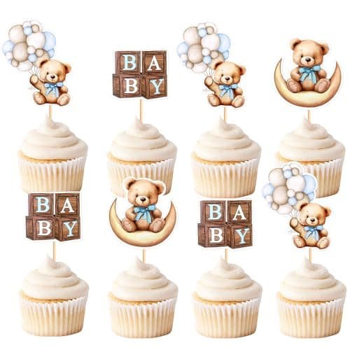 Cyodoos 36 PCS Baby Shower Bear Cupcake Toppers Selection Baby Bear Theme Baby Shower Decorative Supplies Jungle Animal Theme Birthday Party Cake Decorative Supplies blue