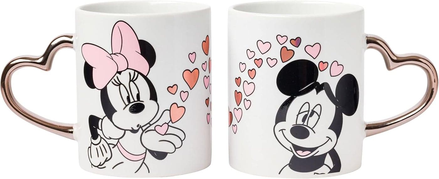 Silver Buffalo Minnie Blowing Kiss to Mickey with Hearts Gold Heart Shaped Handle 2 Pack Ceramic Mug Set 14 Ounces