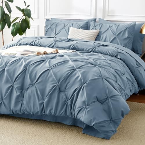 CozyLux King Size Comforter Set Mineral Blue, 7 Pieces Pintuck Bed in A Bag, All Season Bed Set Gift for Family, Pinch Pleat Bedding Set with Comforter, Sheets, Pillowcases & Shams