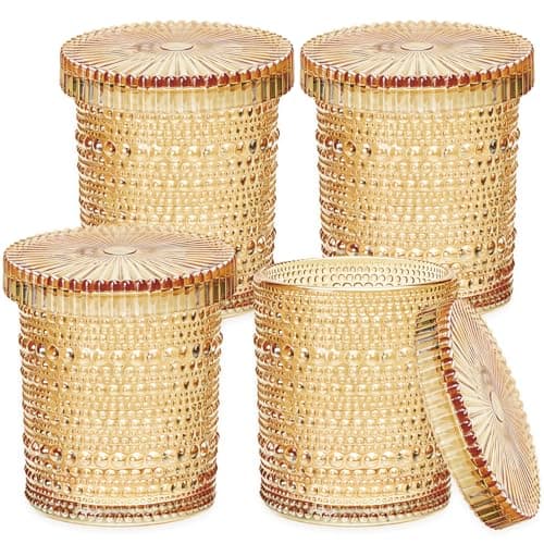 Flrolove 4-Pack Glass Qtip Holder Dispenser, 10oz Bathroom Organizers and Storage, Hobnail Cotton Round Holder for Qtips, Cotton Rounds, Balls & Floss Picks, Vanity & Makeup Apothecary Jars (Amber)
