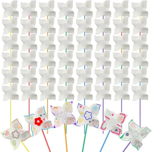 Poen 100 Pcs DIY Pinwheels Paper Craft Bulk Color Your Own White Pinwheels Summer Activity Arts July 4 Patriotic Memorial Day Craft Blank Windmills Party Favor Supplies 5 Inches