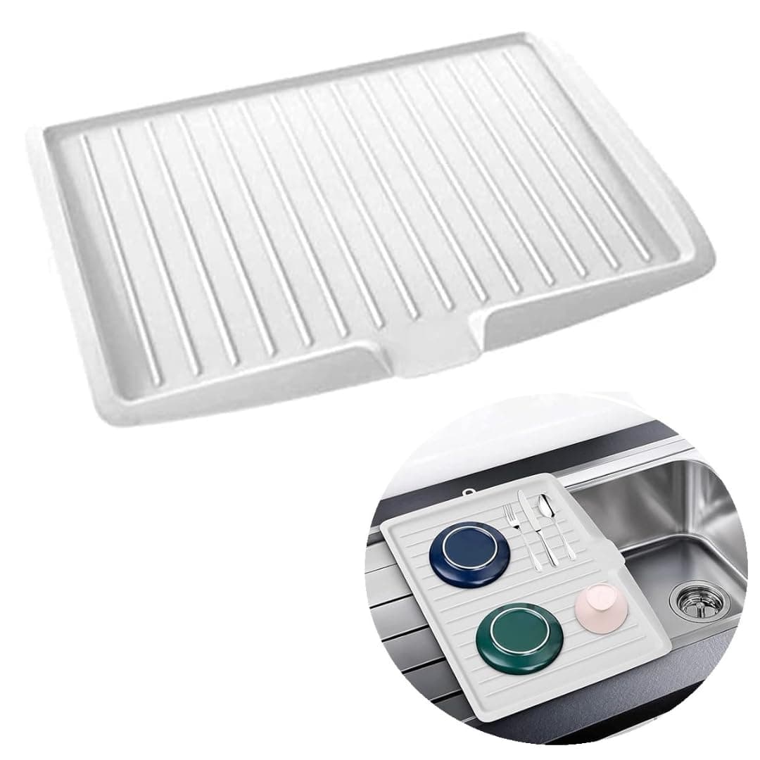 DLEST Premium Plastic Dish Drainer Tray Draining Tray Drain Board Side Drip Sloping Kitchen Sink Rack Holder for Fruit Vegetables Pots Pans Glass Bowls Drain White