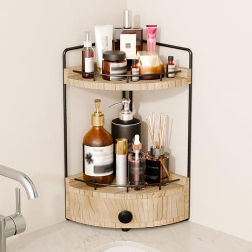 Naeqieo 2-Tier Corner Bathroom Countertop Organizer with Drawer, Wooden Vanity Organizers for Makeup and Skincare Storage, Corner Counter Shelf with Embedded Screw Holes, Light Brown