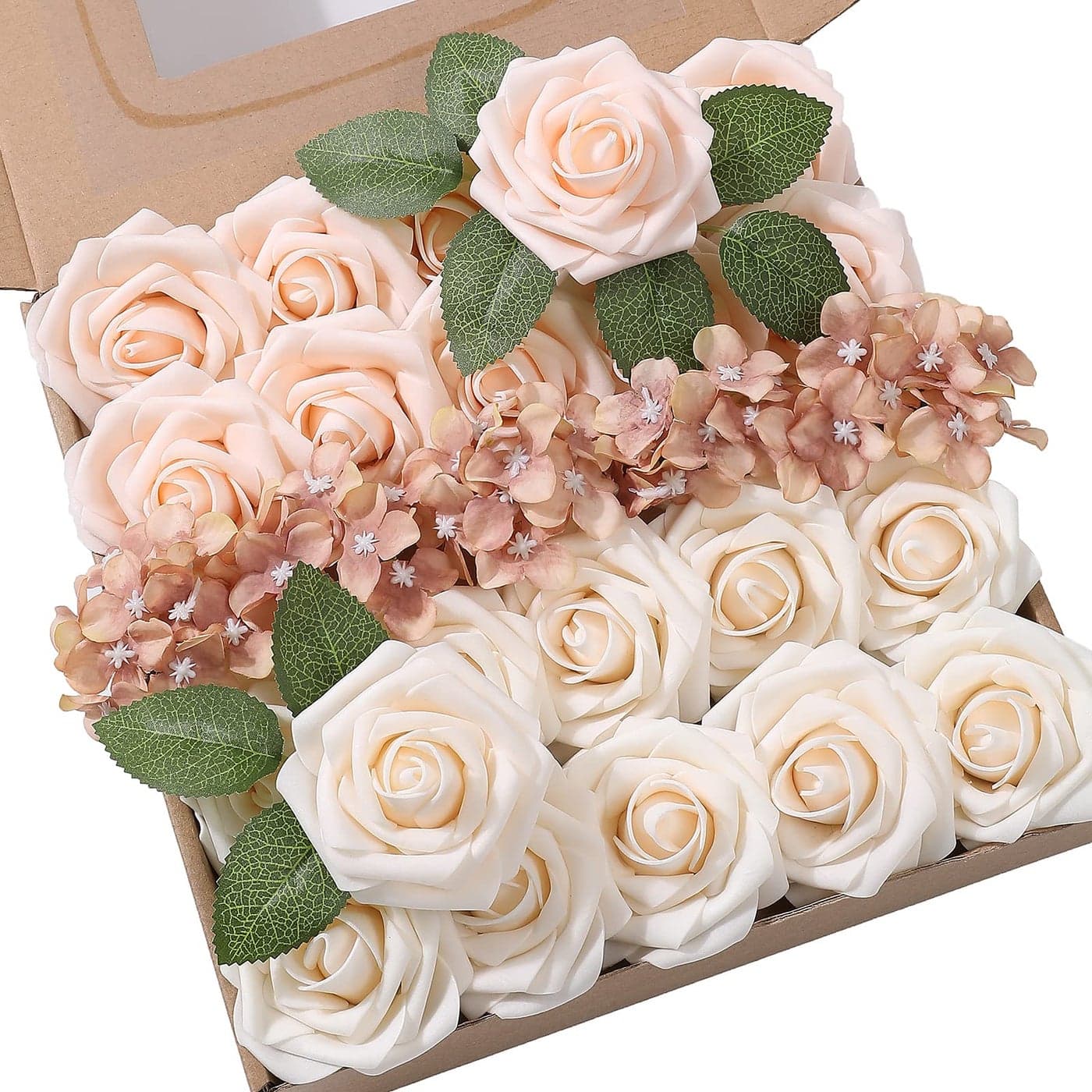 YYHUAWU Artificial Flowers Combo Box Set Gradient Color Flower Leaf with Stems for DIY Wedding Bouquets Centerpieces Baby Shower Party Home Decorations Gradient Champagne