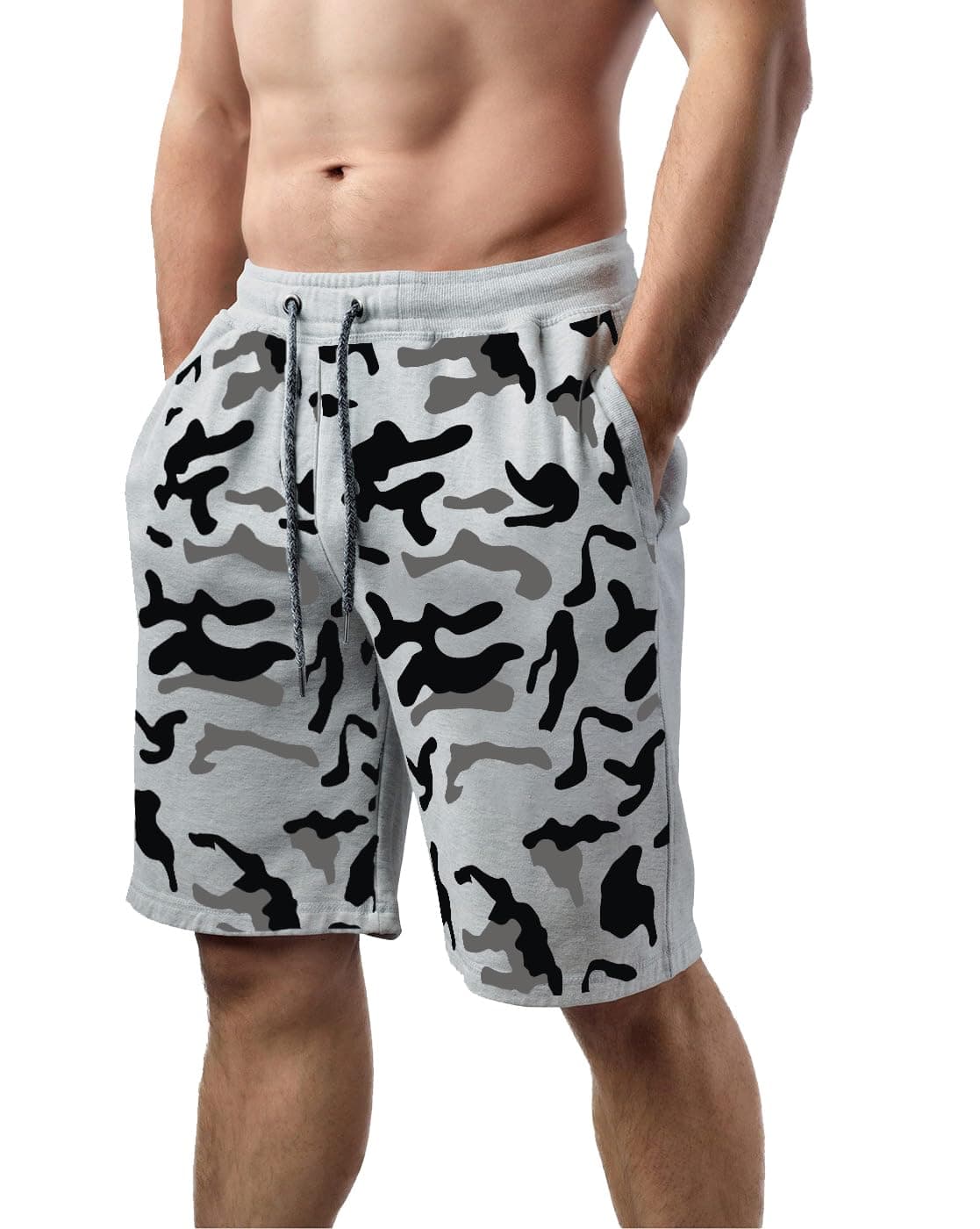 hotfits Men's Grey Cotton Regular Shorts - Workout, Gym, Running, Yoga and Sports Shorts - Camouflage Printed