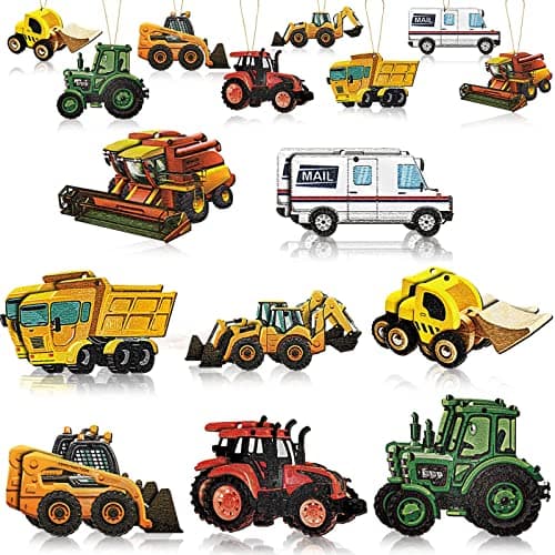 Perthlin Contractor Tools Christmas Tree Ornaments Construction Truck Dump Truck Tractor Bulldozer Excavator Mail Garbage Wooden Hanging Ornaments for Party Xmas Decor32 PcsConstruction