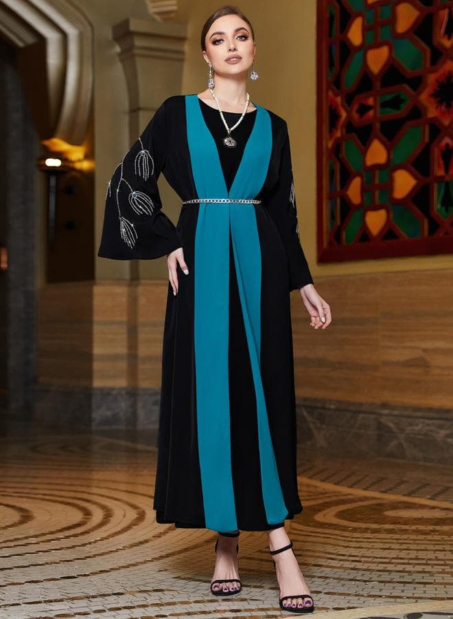 Women Color Block Rhinestone Embellished Abaya