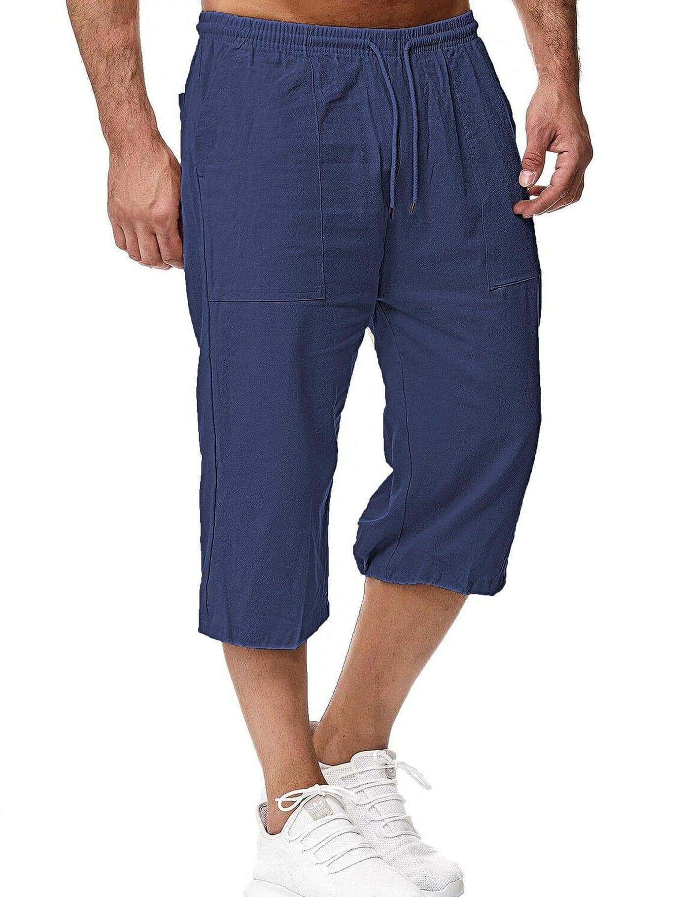 HangNiFang Men's Long Linen Shorts Below Knee Pocketed 3/4 Summer Drawstring Capri Pant(0131-NavyBlue-XXL)