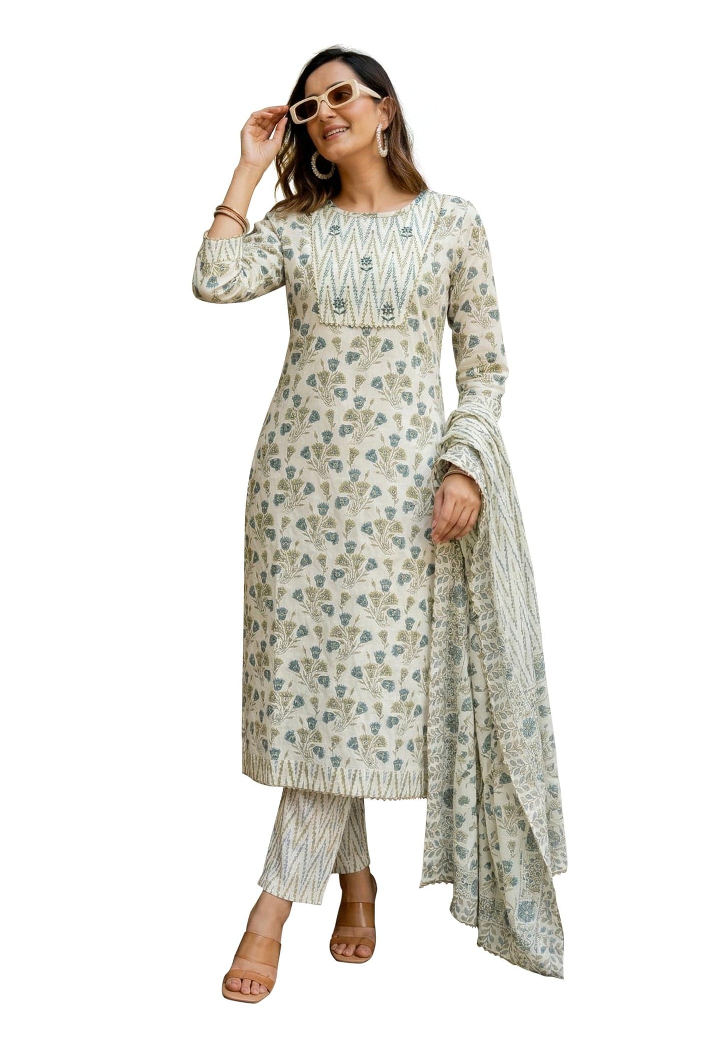 MIRCHI FASHION Pure Cotton Women Straight Jaipuri Print Hand Embroidery Casual Kurti Set with Dupatta and Pant (Mk9314 - Off White, Grey, Olive - 3XL)