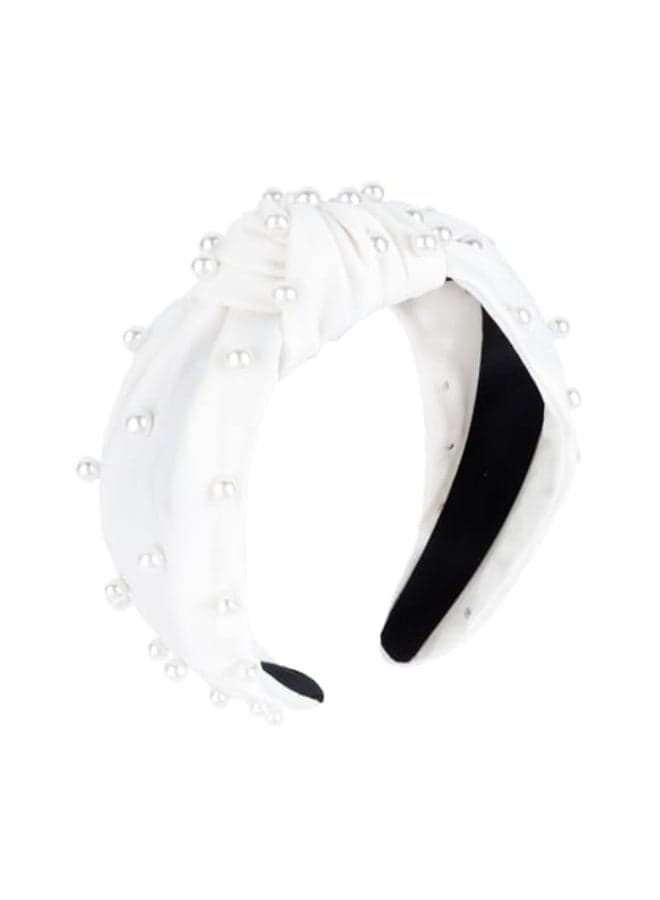 YISSION Pearl Knotted Headband for Women Non Slip Silk Beaded Headbands for women Wide Jeweled Embellished Hairband White Headband Hair Accessories for Women Girls