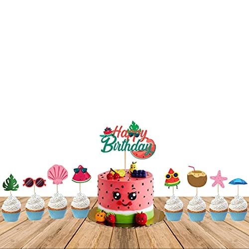 Festiko® Watermelon Summer Theme Birthday Party Supplies and Cake Decorations Items for Baby Boys/Girls/Kids Supplies-6months/1st/One(Cake Topper+Cup Cake Topper)- 25 Pcs