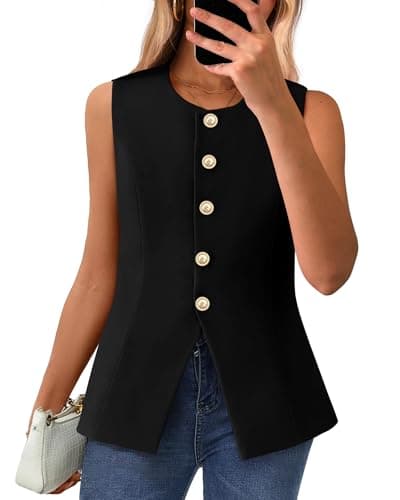BTFBM Summer Sleeveless Blazer Vest For Women Dressy Button Down Round Neck Business Casual Outfits Work Suit Vests Tops(Black, Large)