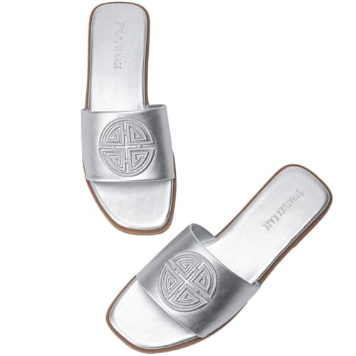 Stratuxx Kaze Womens Flat Sandals Dressy Summer Slide with Memory Foam Comfortable Cute Leather Silver Sandals for Women