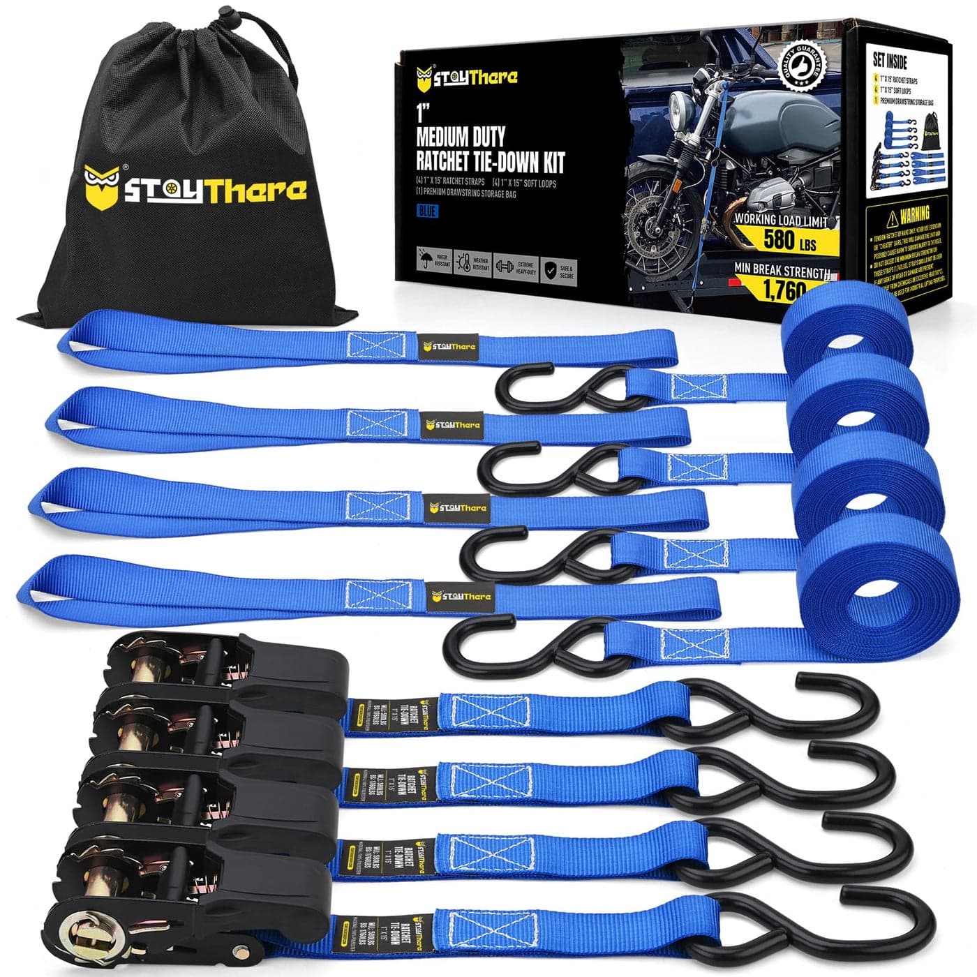 Stay There Ratchet Tie Down Straps 1 x15 Ratchet Straps with S Hook 1760lb Break Strength for Securing Motorcycle Kayak Truck with Rubber Handles A Sturdy Bonus Bag 4 Soft Loops Included