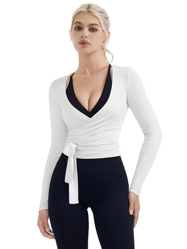 SUUKSESS Women Pilates Wrap Workout Cropped Top Ribbed Long Sleeve V Neck Tie Front Ballet Yoga Shrug Blouse(White,L)