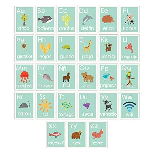 Spanish Alphabet 5x7 Wall Cards, Blue Nature, Kid's Wall Art, Nursery Decor, Kid's Room Decor, Gender Neutral Nursery Decor