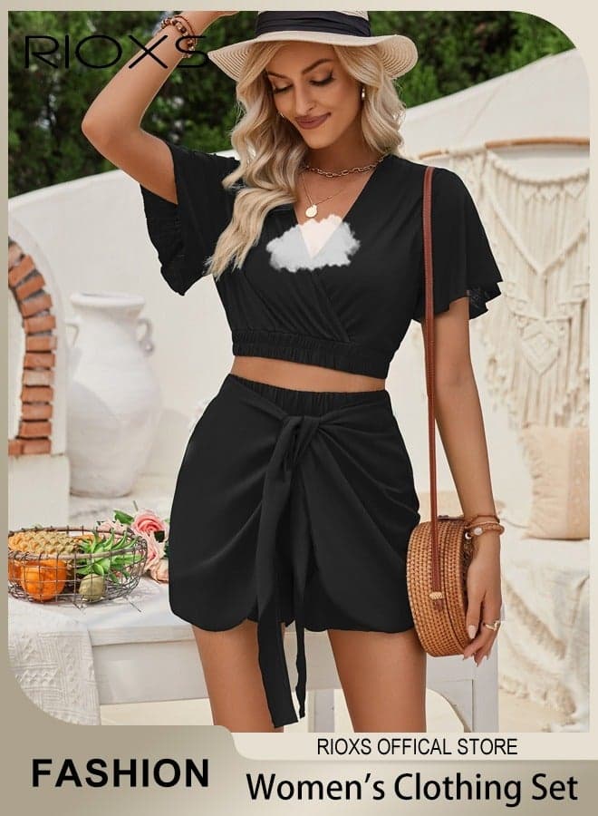 Women's 2-pieces Suits, Summer V Neck Ruffle Short Sleeve Crop Top and Shorts Set for Vacation, Casual Daily Outfits, Solid Black
