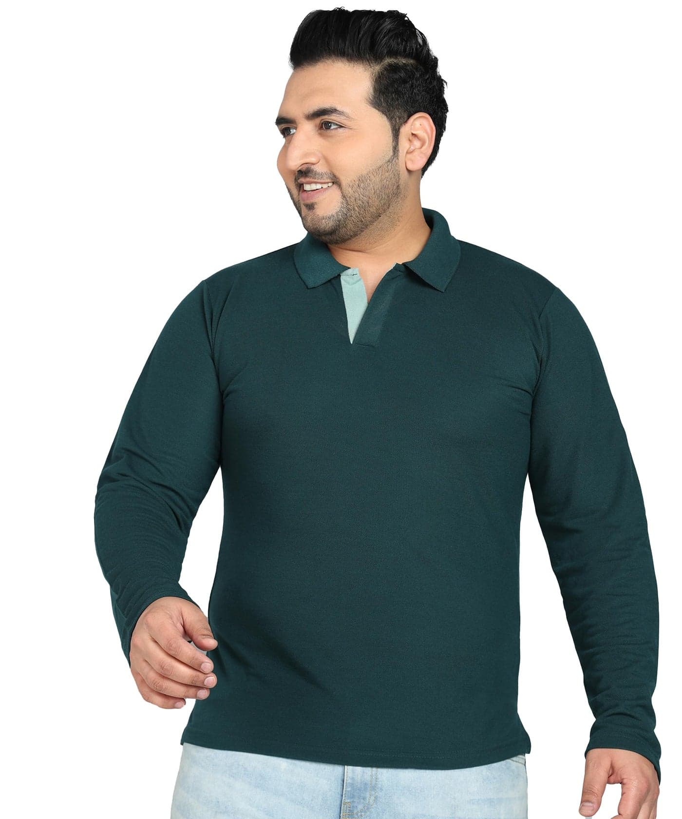 INKKR Plus Size Solid Men's Polo Neck Full Sleeve Green Tshirt